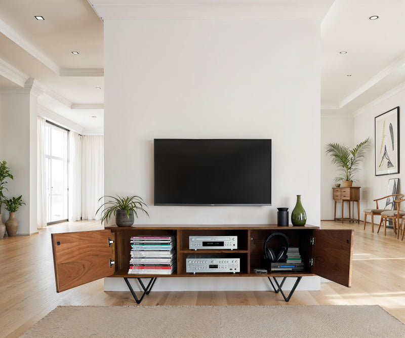 Lowboard Sheesham Massivholz 150cm TV-Kommode Steinoptik Weiß Modern