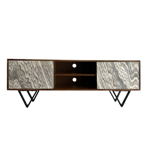 Lowboard Sheesham 150cm TV-Kommode mit Steinoptik-Fronten, zentralem Fach und schwarzen Metallbeinen in Gesamtansicht.