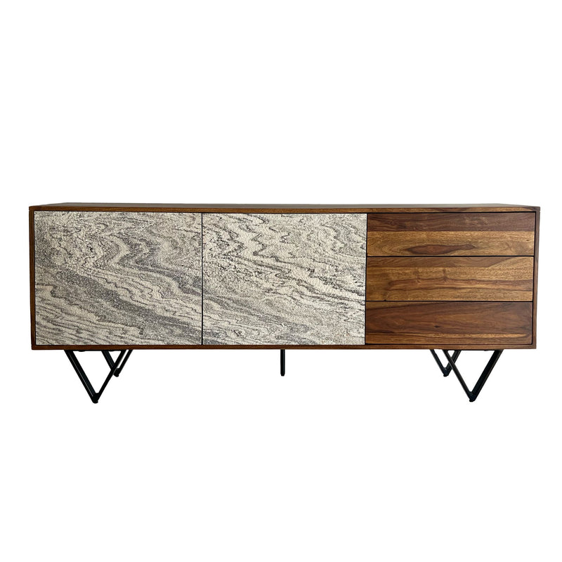 Sideboard Sheesham Massivholz 175x71x40cm Steinoptik Weiß Modern