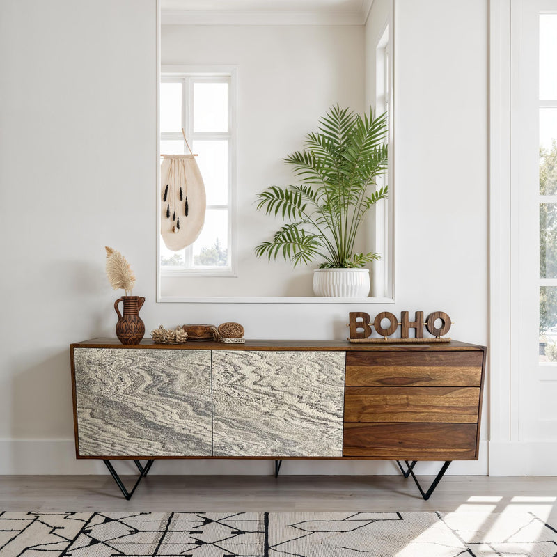 Sideboard Sheesham Massivholz 175x71x40cm Steinoptik Weiß Modern