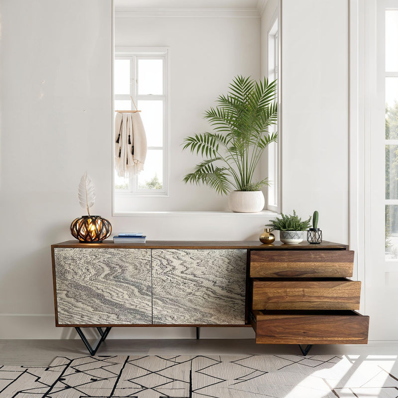 Sideboard Sheesham Massivholz 175x71x40cm Steinoptik Weiß Modern