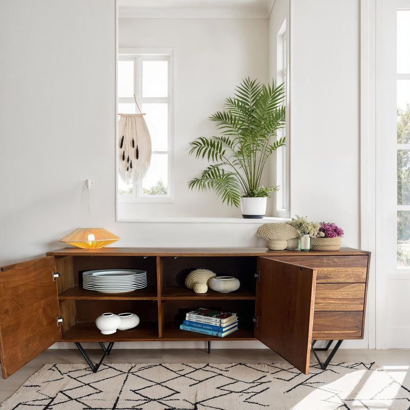 Sideboard Sheesham Massivholz 175x71x40cm Steinoptik Weiß Modern