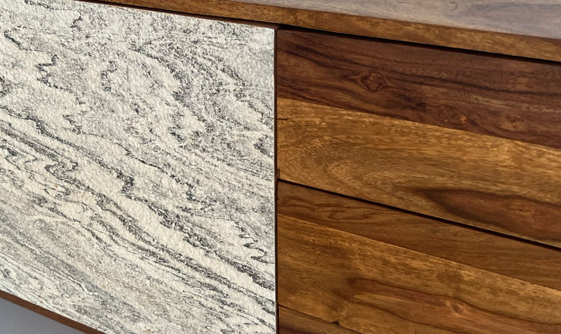 Sideboard Sheesham Massivholz 175x71x40cm Steinoptik Weiß Modern