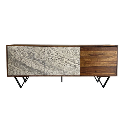 Sideboard Sheesham Massivholz 175x71x40cm Steinoptik Weiß Modern mit zwei Türen und drei Schubladen auf Metallgestell.