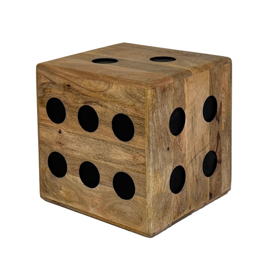 Würfelhocker Mango Massivholz 41x41x41cm Sitzwürfel Beistelltisch in Gesamtansicht mit schwarzen Lochmustern an allen Seiten.