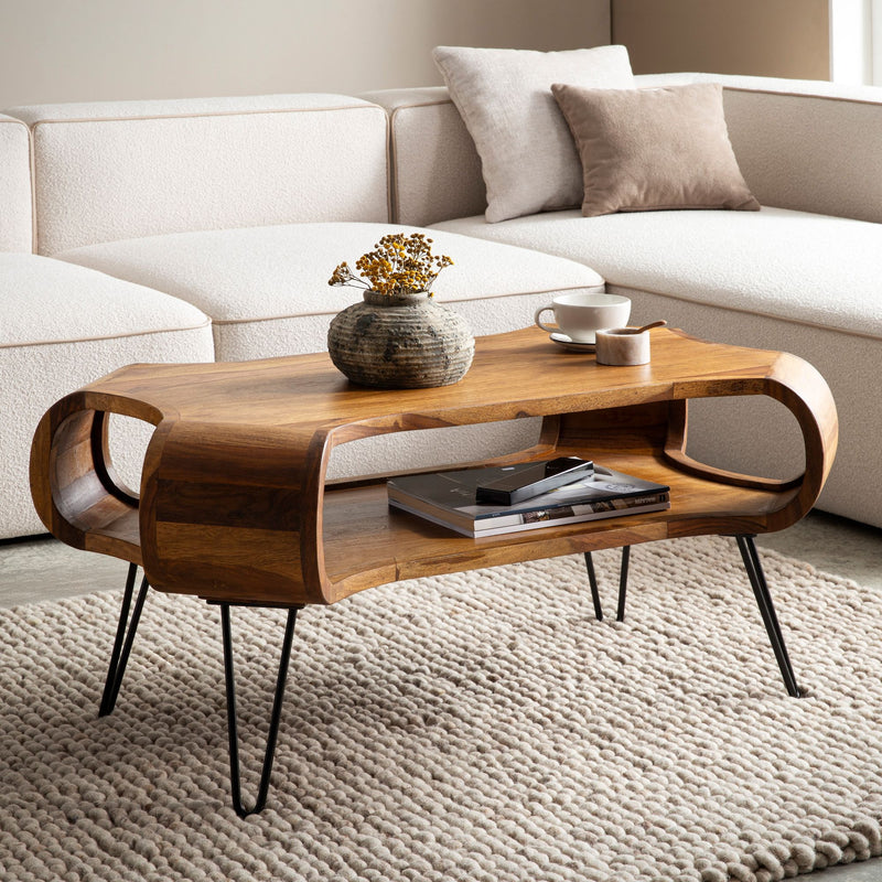 Couchtisch Sheesham Massivholz Metall 100x60x47cm Rechteckig Stauraum