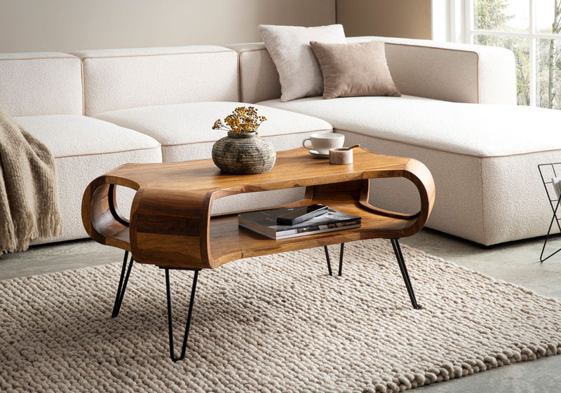 Couchtisch Sheesham Massivholz Metall 100x60x47cm Rechteckig Stauraum