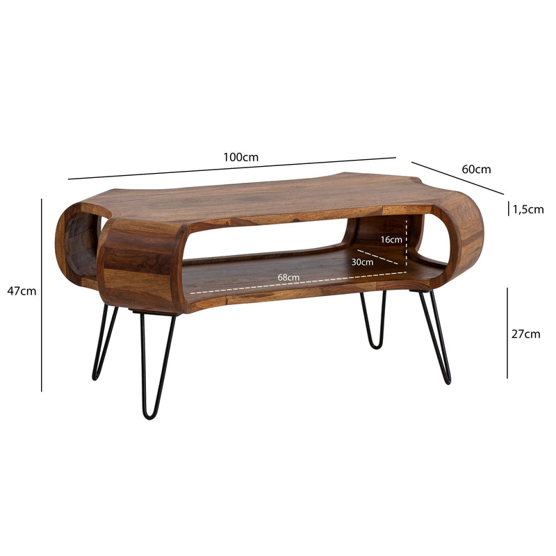 Couchtisch Sheesham Massivholz Metall 100x60x47cm Rechteckig Stauraum