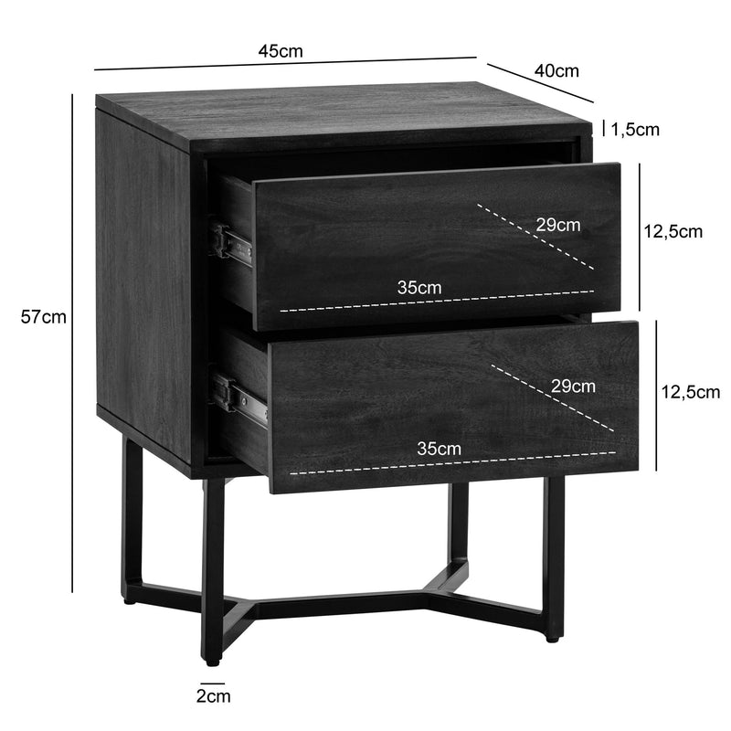 Nachttisch Akazie Massivholz 2 Schubladen Schwarz Metallgestell Modern