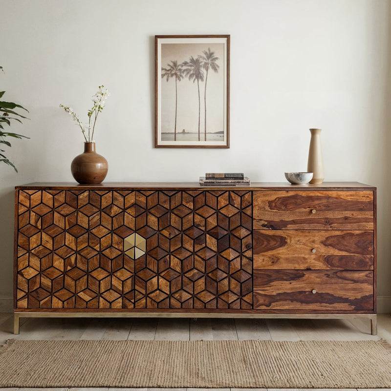 Sideboard Sheesham Massivholz 180cm 2 Türen 3 Schubladen Goldgestell