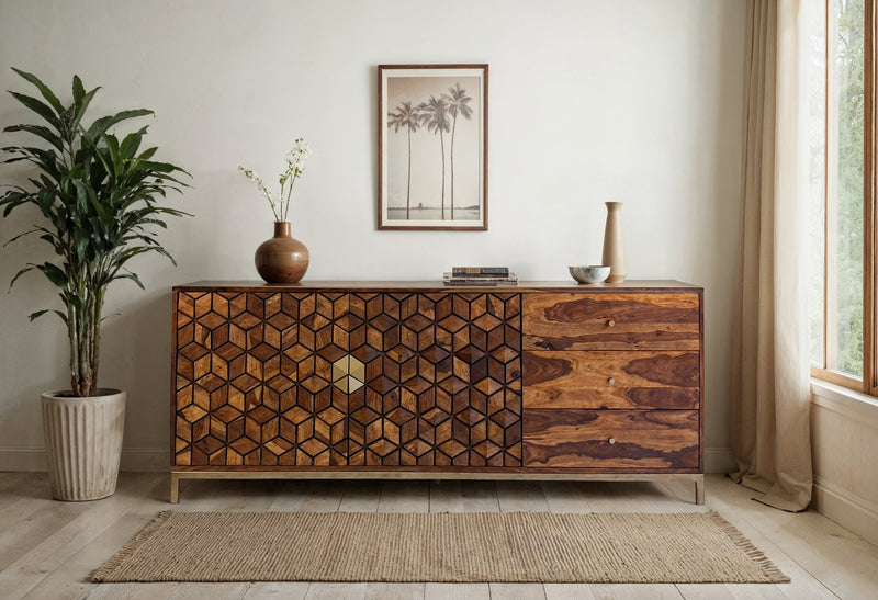 Sideboard Sheesham Massivholz 180cm 2 Türen 3 Schubladen Goldgestell
