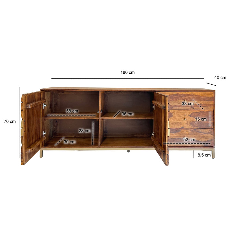Sideboard Sheesham Massivholz 180cm 2 Türen 3 Schubladen Goldgestell