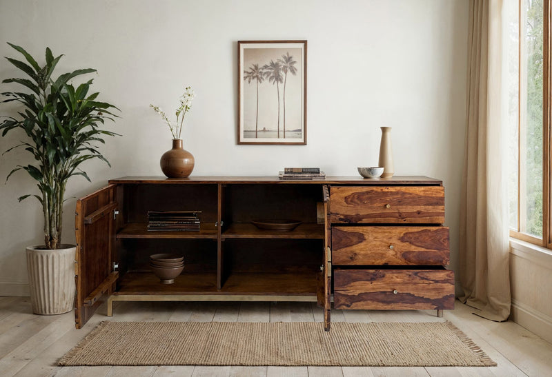 Sideboard Sheesham Massivholz 180cm 2 Türen 3 Schubladen Goldgestell