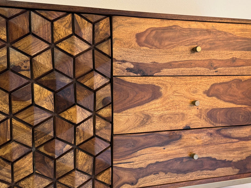 Sideboard Sheesham Massivholz 180cm 2 Türen 3 Schubladen Goldgestell
