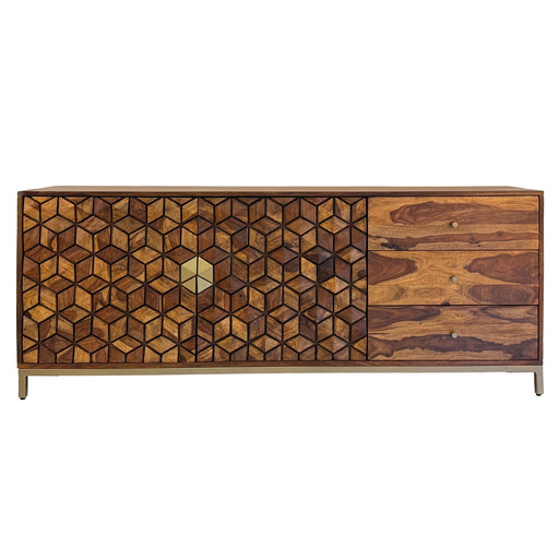 Sideboard Sheesham Massivholz 180cm mit geometrischem Würfelmuster und Goldgestell, Gesamtansicht von vorne.