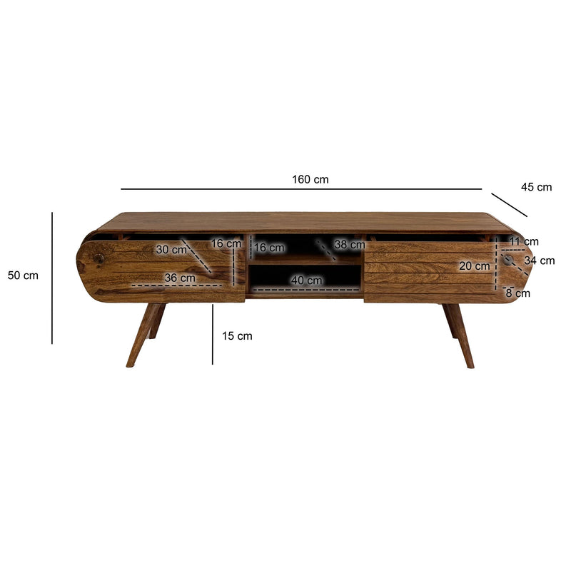 Lowboard Sheesham Massivholz 160cm 2 Schubladen Retro Skandi Design