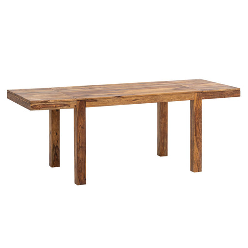 Esszimmertisch 120-200cm Sheesham ausziehbar in Gesamtansicht mit massiver Holzplatte und vier Holzbeinen.
