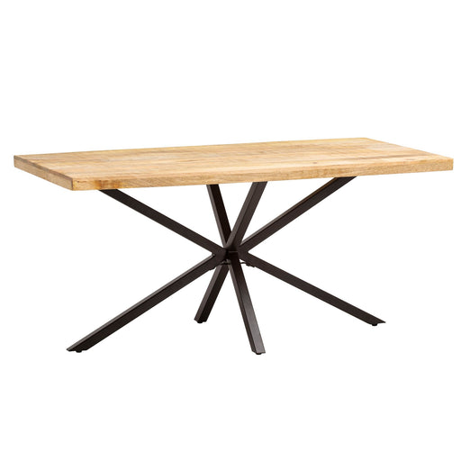 Esszimmertisch 180x90 mit heller Mangoholzplatte und schwarzem Metallsterngestell, Gesamtansicht.