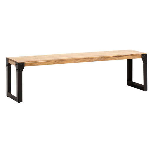 Esszimmerbank 120x40x45cm Akazie Massivholz in Gesamtansicht mit schwarzen Metall-Seitenstützen.