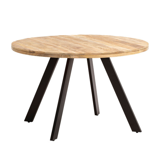 Esstisch Mango Massivholz 120x120cm Rund mit runder Holzplatte und schwarzen Metallbeinen, Gesamtansicht.