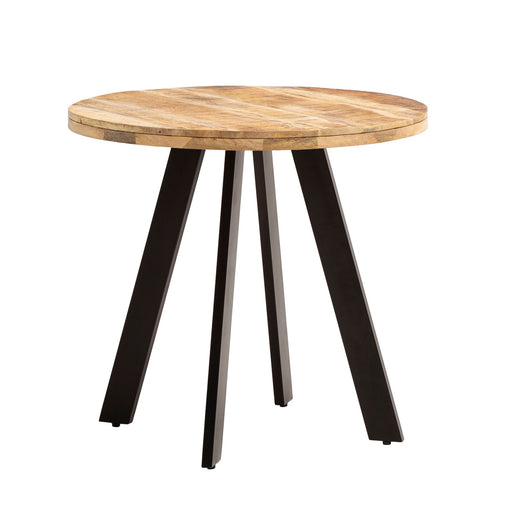 Esszimmertisch Mango Massivholz mit runder Holzplatte und schräggestellten schwarzen Metallbeinen, Gesamtansicht.