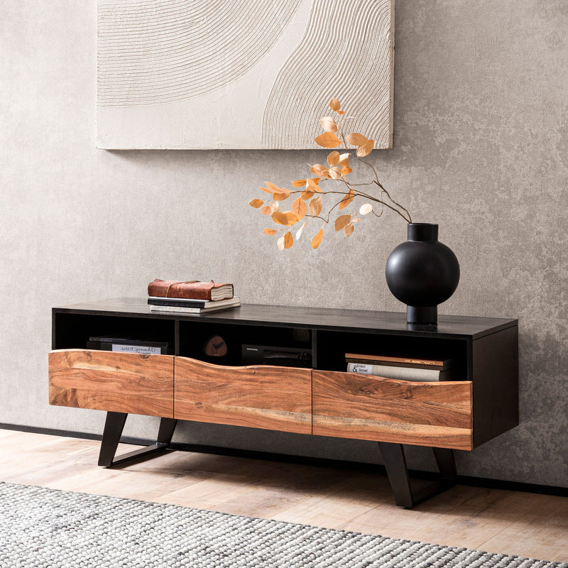 Lowboard Akazie Massiv 140x50x40cm Baumkante TV-Schrank Schwarz Modern