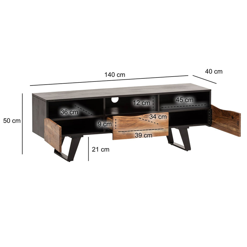 Lowboard Akazie Massiv 140x50x40cm Baumkante TV-Schrank Schwarz Modern