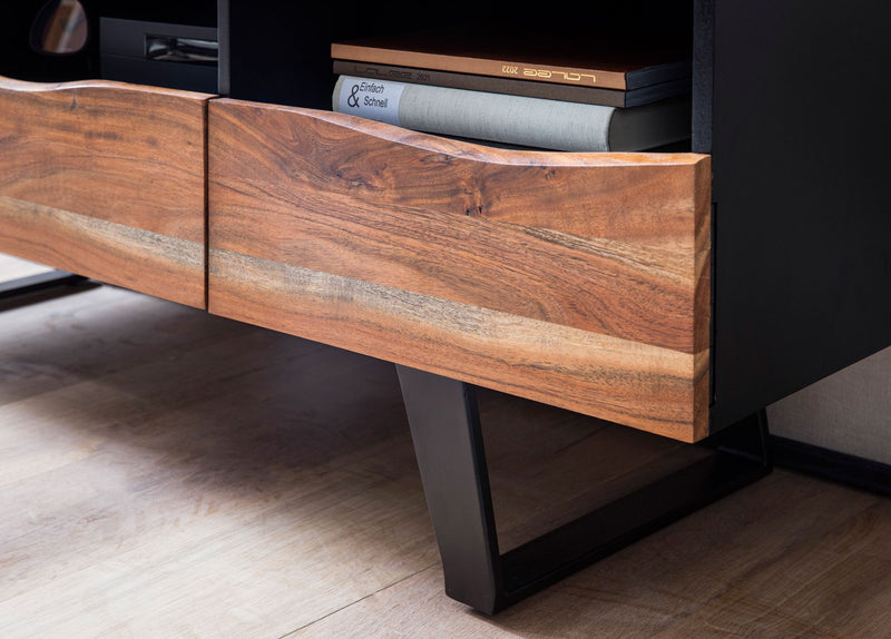 Lowboard Akazie Massiv 140x50x40cm Baumkante TV-Schrank Schwarz Modern