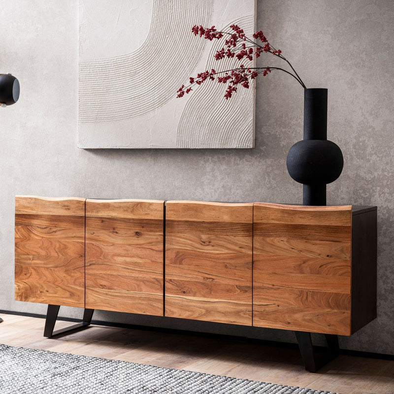 Sideboard Akazie Massiv 180x75x45cm Baumkante Schwarz Metallbeine Modern
