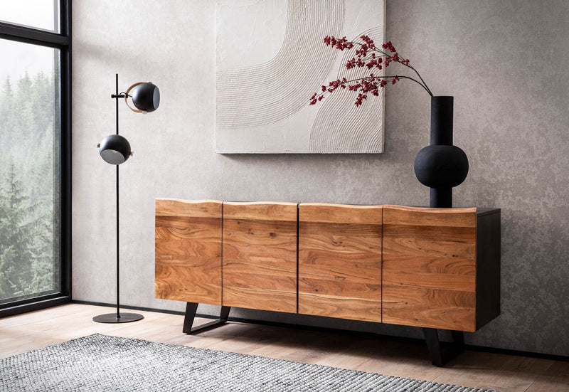 Sideboard Akazie Massiv 180x75x45cm Baumkante Schwarz Metallbeine Modern
