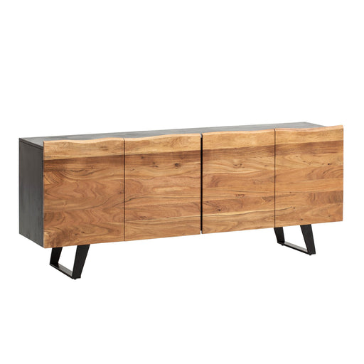 Sideboard Akazie Massiv mit vier Türen in Holzoptik, grauer Glasplatte oben und schwarzen Metallbeinen in Gesamtansicht.