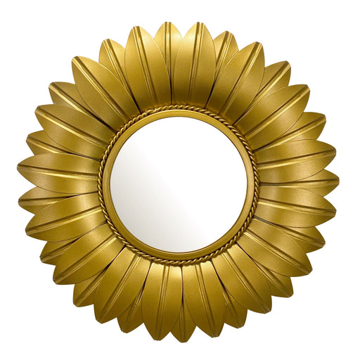 Wandspiegel Sonnenblume 60cm Metall Gold in Gesamtansicht mit strahlenförmigem Rahmen und rundem Spiegelglas.