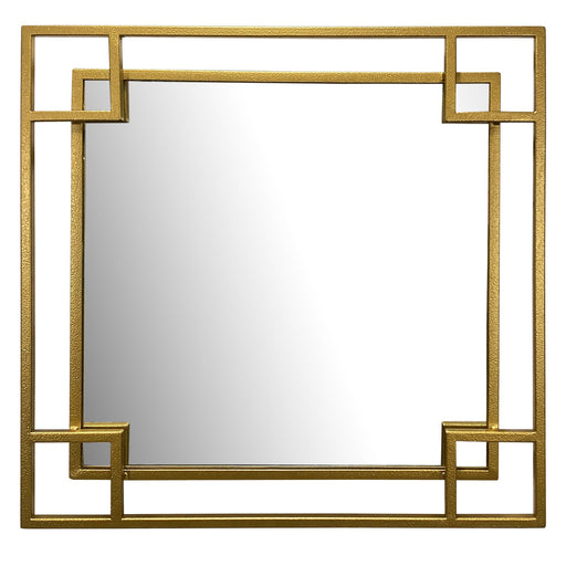 Wandspiegel 60x60cm Metall Gold mit geometrischem Rahmen und verschachteltem Muster in Gesamtansicht.