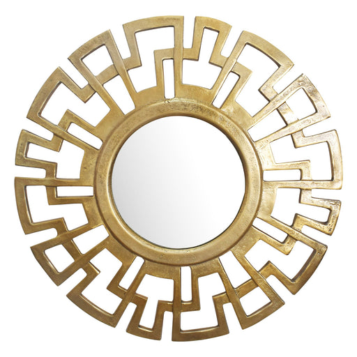 Wandspiegel Art déco 60cm Rund Gold mit geometrischem Aluminium-Rahmen in Frontalansicht.
