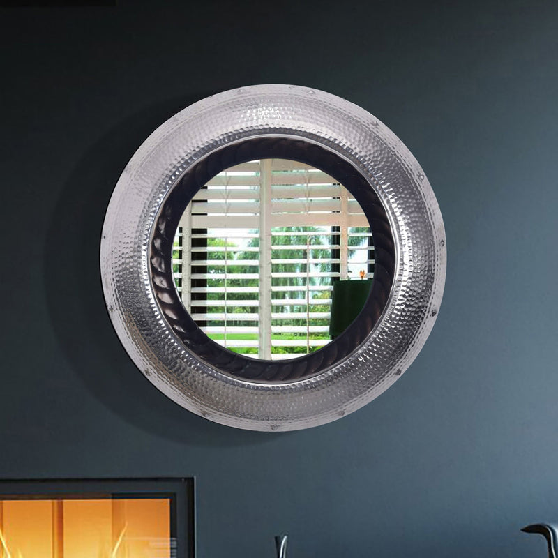 Wandspiegel 74cm Rund Aluminium Silber Hammerschlag Modern Flur