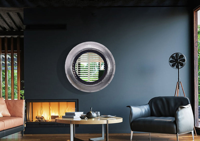 Wandspiegel 74cm Rund Aluminium Silber Hammerschlag Modern Flur