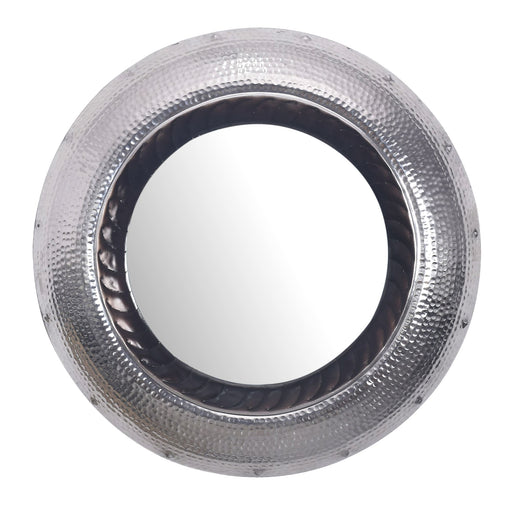 Wandspiegel 74cm Rund Aluminium Silber Hammerschlag Modern Flur mit strukturiertem silbernem Rahmen in Gesamtansicht.