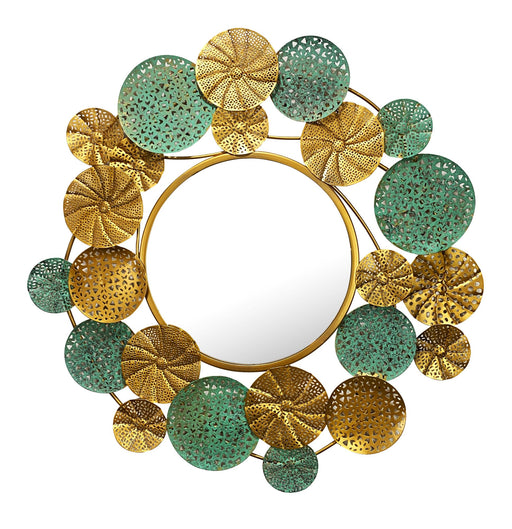 Wandspiegel Modern 80x77cm Rund Gold Patina mit rundem Spiegelglas und ornamentalem Metallrahmen in Gesamtansicht.