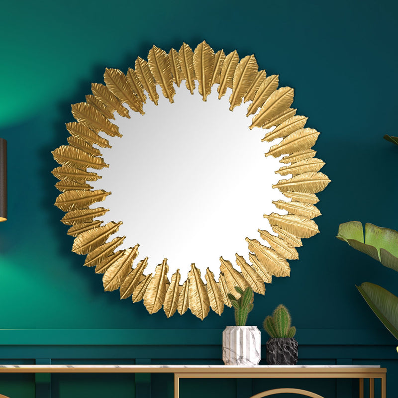 Wandspiegel Federn 68cm Rund Metall Gold Modern Flurspiegel