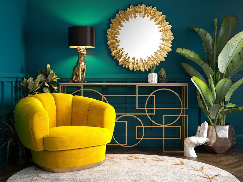 Wandspiegel Federn 68cm Rund Metall Gold Modern Flurspiegel