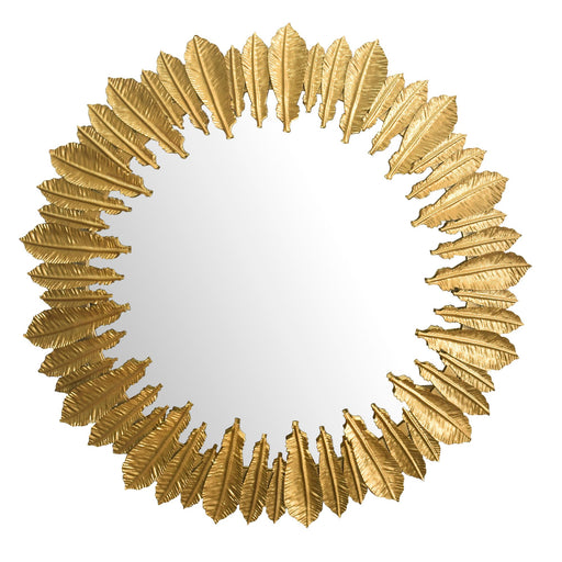 Wandspiegel Federn 68cm Rund Metall Gold Modern mit rundem Spiegelglas und goldfarbener Blattornamentik-Rahmung.