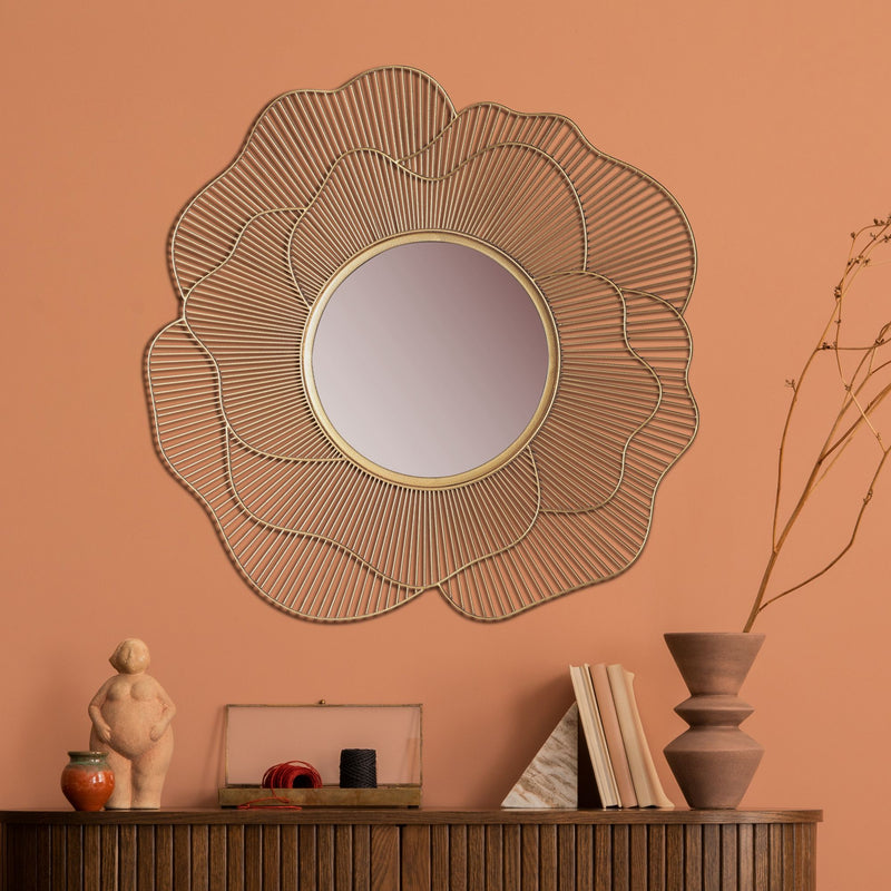 Wandspiegel Rose 77cm Rund Gold Eisen Blütenform Modern Flurspiegel