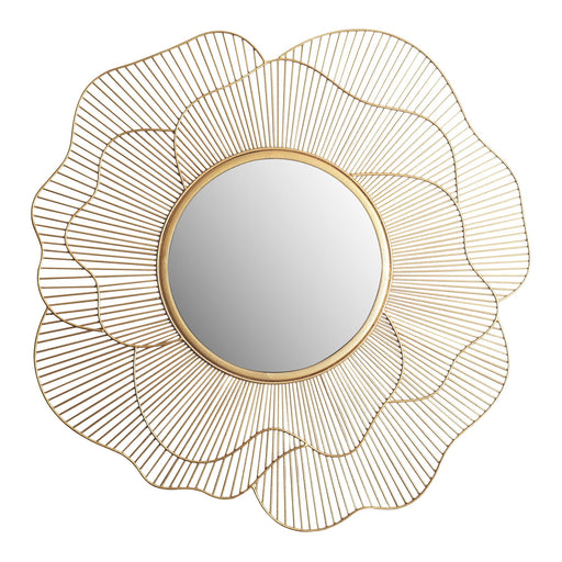 Wandspiegel Rose 77cm mit blütenförmigem Rahmen aus goldenen Metallstäben in Gesamtansicht.