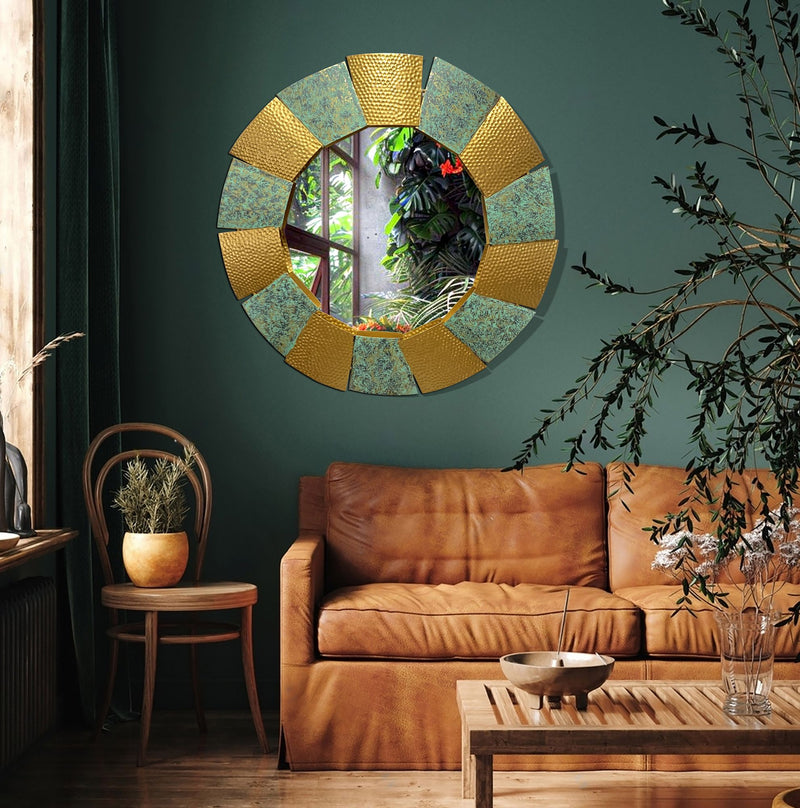 Wandspiegel 63cm Rund Metall Burnt Gold Hammerschlag Design Flur