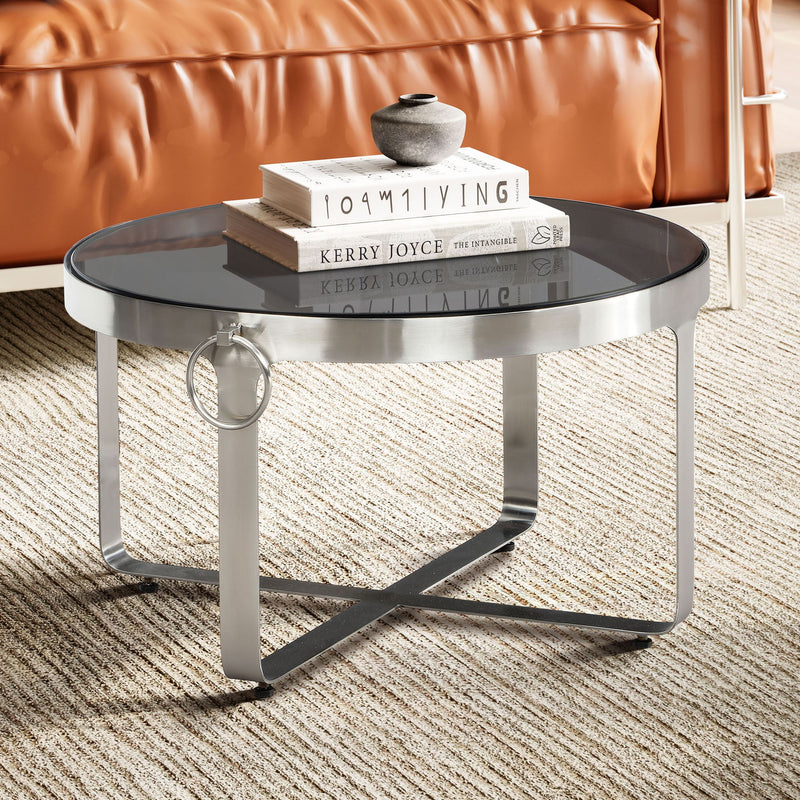 Couchtisch Glas Metall 60x60x34cm Rund Silber Modern Wohnzimmer