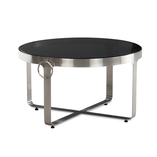 Runder Couchtisch mit schwarzer Glasplatte und silbernem Metallgestell in Gesamtansicht von vorne.