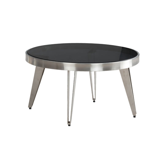 Runder Couchtisch Glas Metall 60x60x33cm mit schwarzer Glasplatte und silbernem Metallgestell in Gesamtansicht.