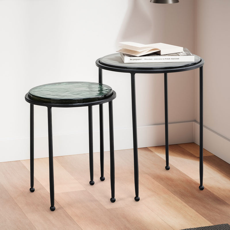 Beistelltisch 2er Set Glas Metall Rund Grün Schwarz abnehmbar Modern