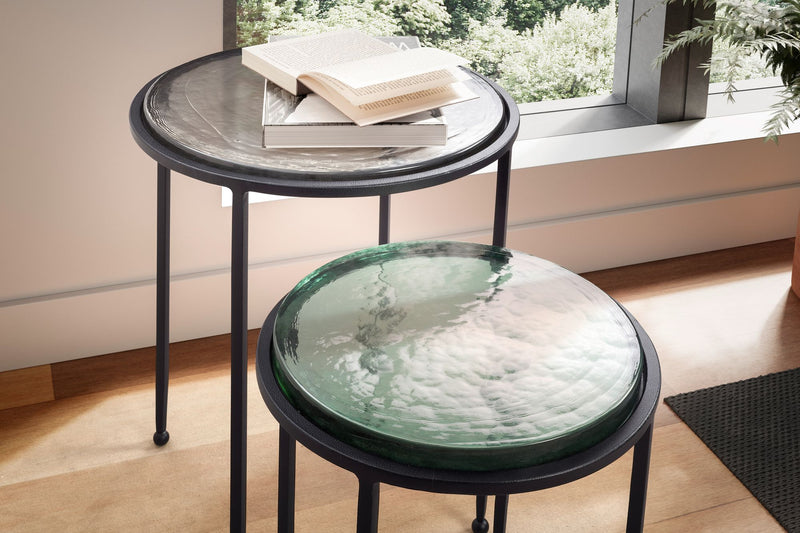 Beistelltisch 2er Set Glas Metall Rund Grün Schwarz abnehmbar Modern