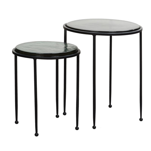 Gesamtansicht zweiteiliges Beistelltisch-Set mit runden Glasplatten in Grün und schwarzem Metallgestell.